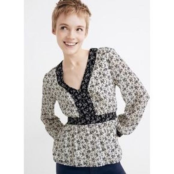 Madewell Tops - Madewell | L | V-Neck Peplum Top in Clipdot Branch Floral Semi Sheer Blouse